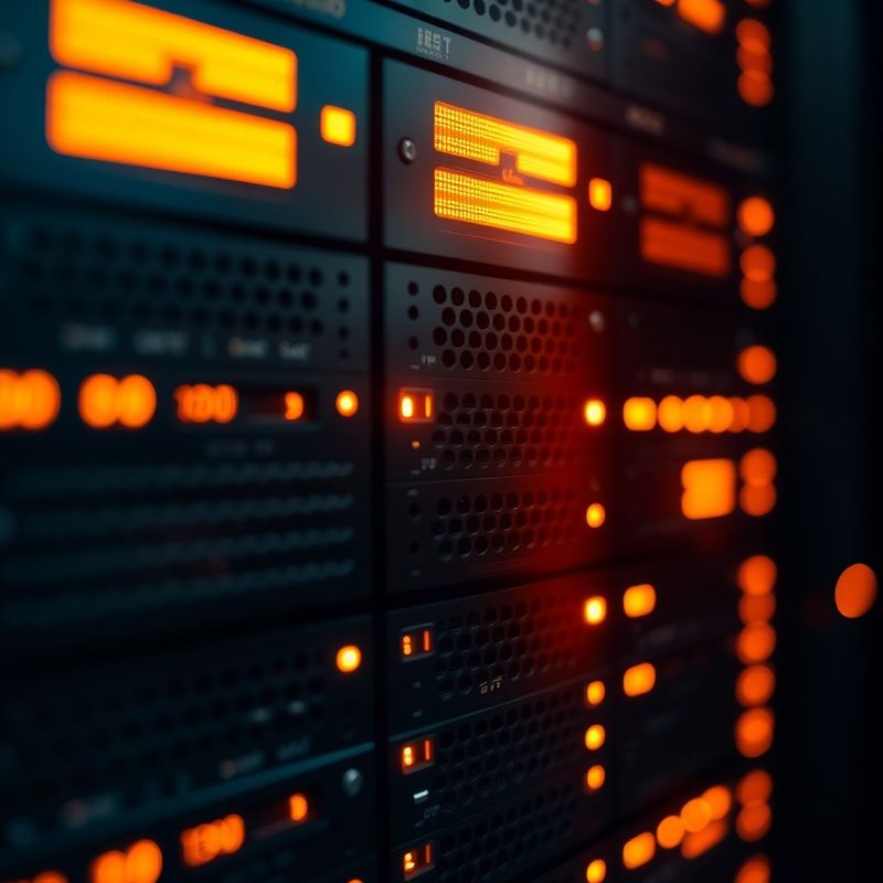 Prim-plan cu indicatori LED de rack server în tonuri de chihlimbar și aur