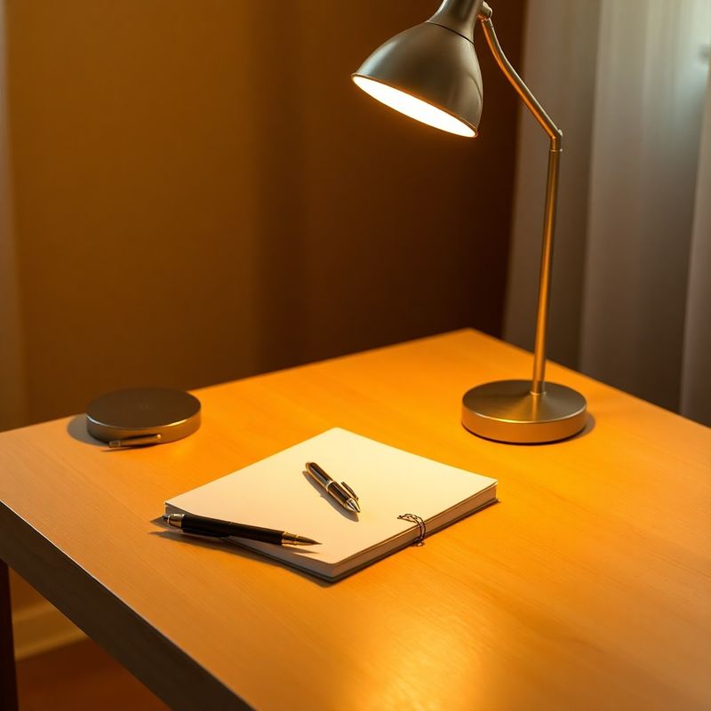 Birou minimalist cu un caiet și un stilou sub lumina caldă a unei veioze