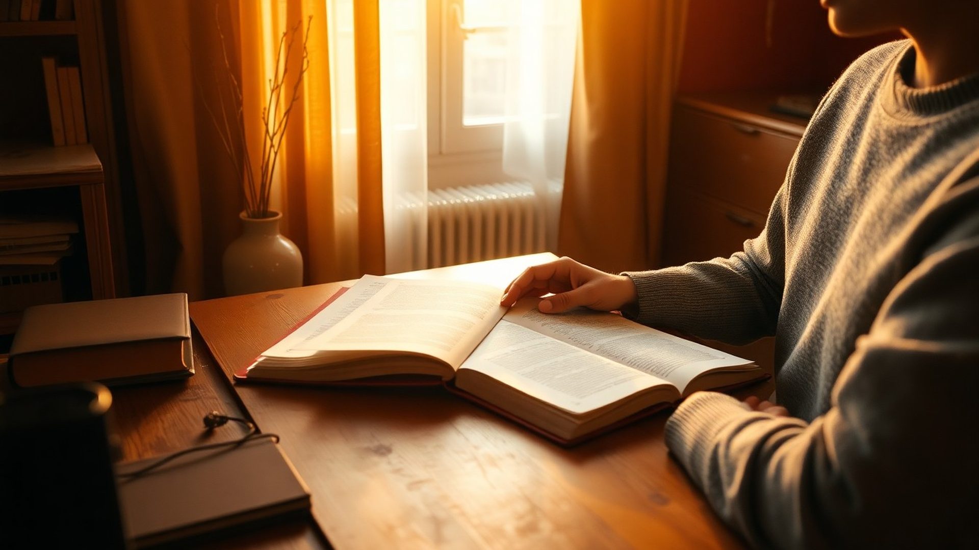 Scriitor revizuind pagini tipărite la un birou de lemn în lumină caldă de dimineață